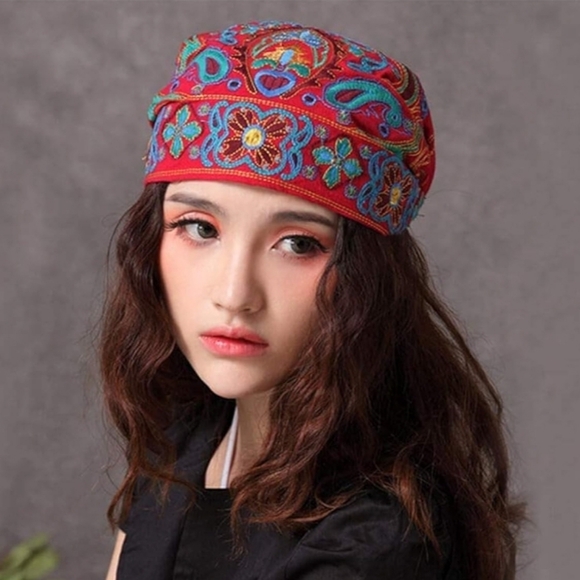 Women's Embroidery Ethnic Beanie Hat Cotton Elastic Caps. - Picture 1 of 6